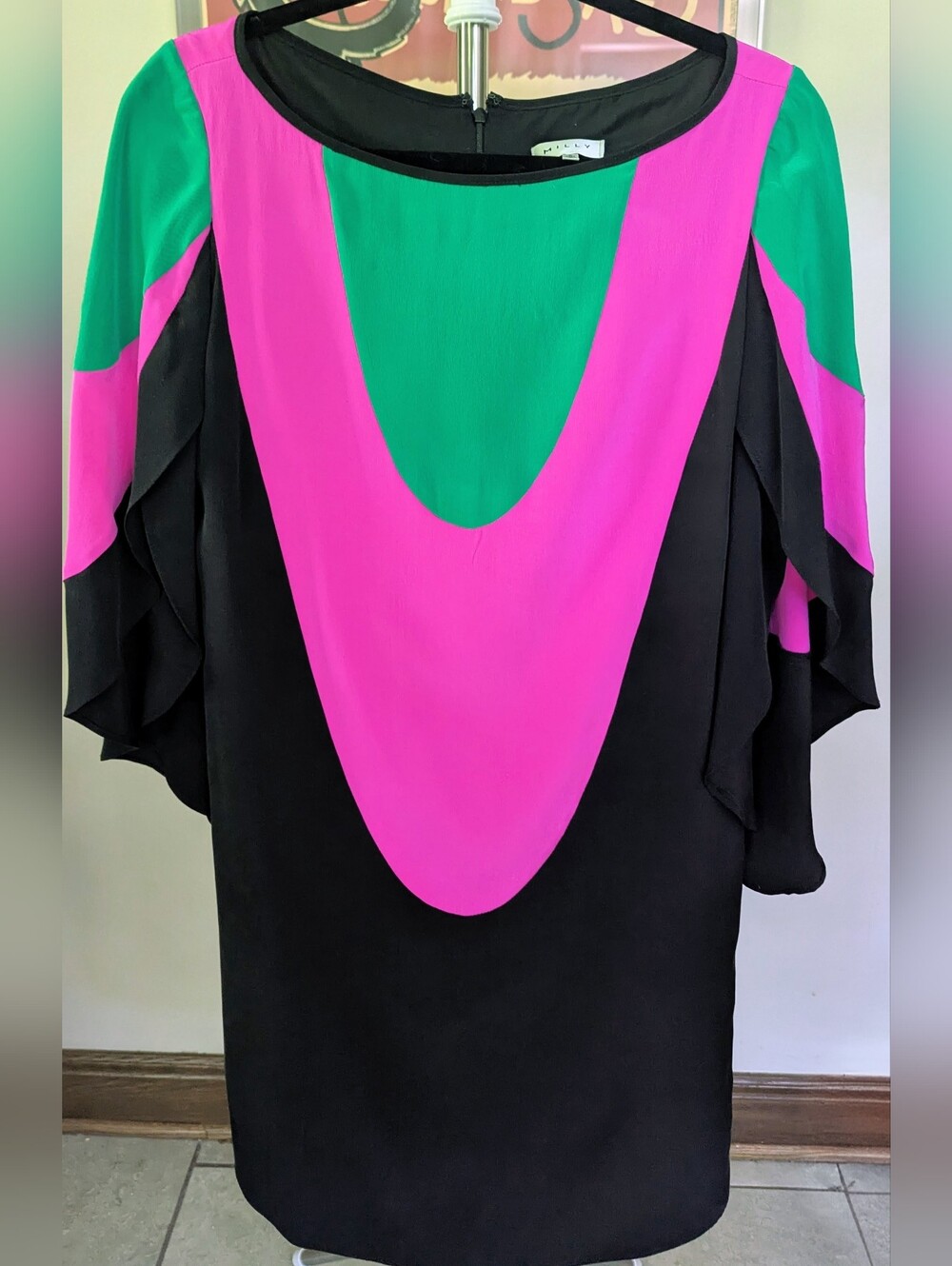Milly New York 100% Silk Colorblock Mod Mini Dress Flutter Sleeves $48 Like New